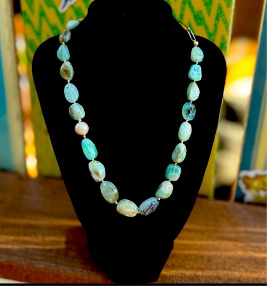 Sterling Silver AAA+ Green Chalcedony & Pearl Necklace