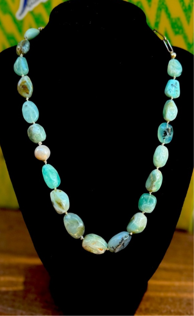 Sterling Silver AAA+ Green Chalcedony & Pearl Necklace