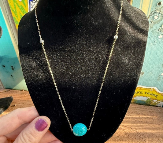 Genuine Turquoise, Rainbow Moonstone 14 KT Gold Necklace